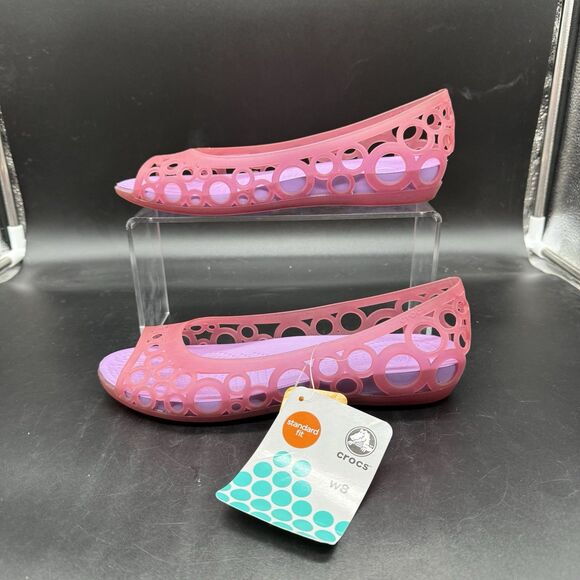 Crocs Adrina Ballet Flats Women's 8 Pink Jelly Slip-On Laser-Cut Peep Toe NEW - Picture 1 of 6